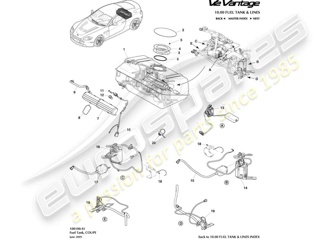 aston martin v12 vantage (2011) fuel tank assy, coupe part diagram