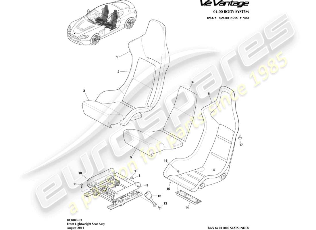 aston martin v12 vantage (2012) front lightweight seat part diagram