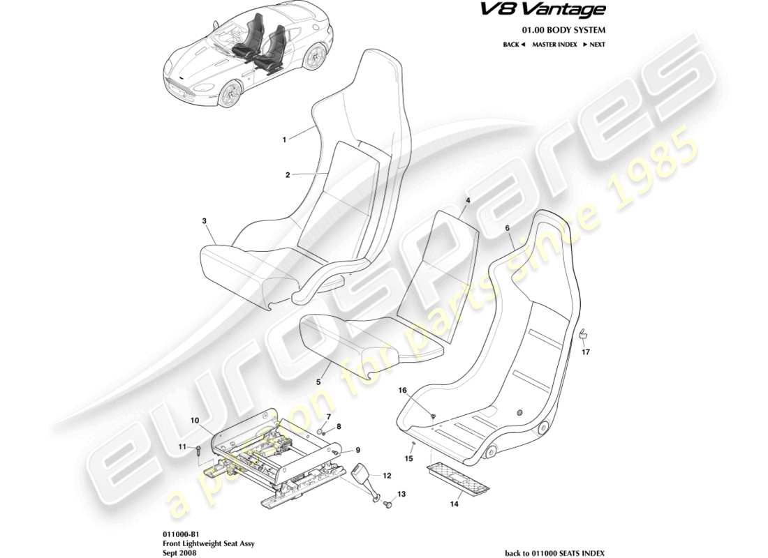 aston martin v8 vantage (2015) front lightweight seat part diagram