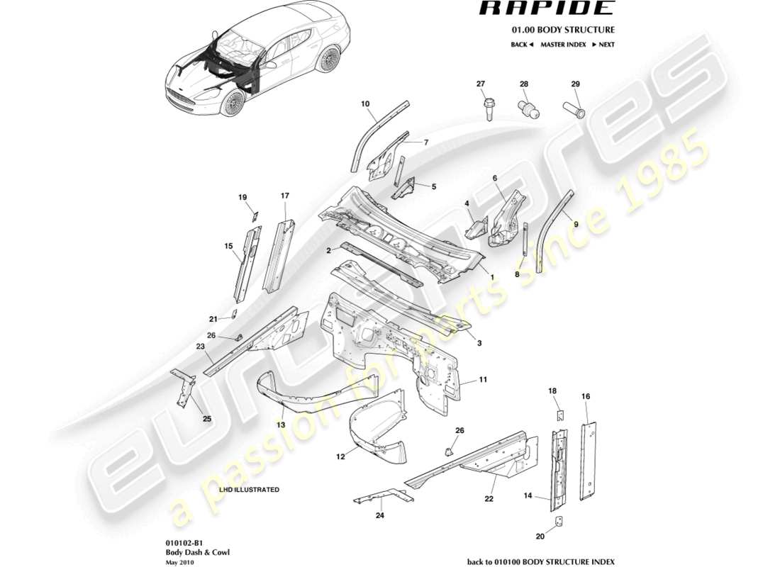 aston martin rapide (2018) body dash & cowl part diagram