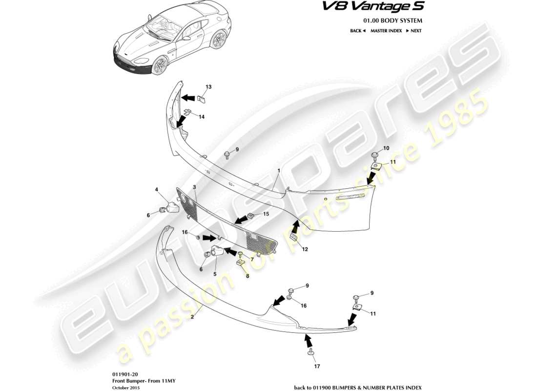 aston martin v8 vantage (2010) front bumper, 12.25my on & v8s part diagram