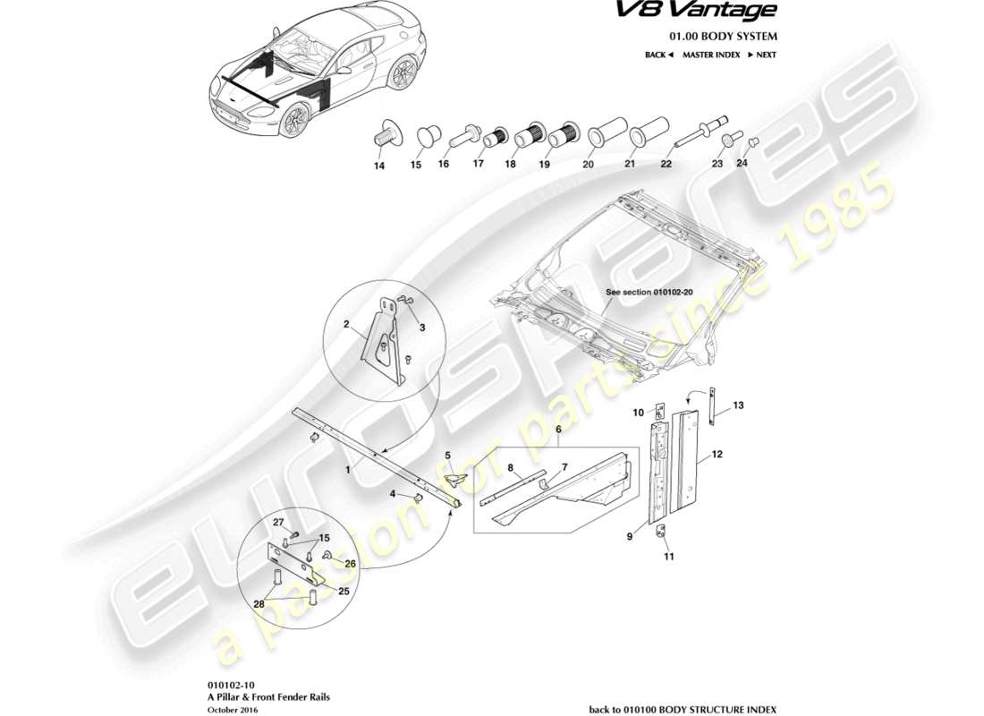 aston martin v8 vantage (2018) a pillar & fender rails part diagram