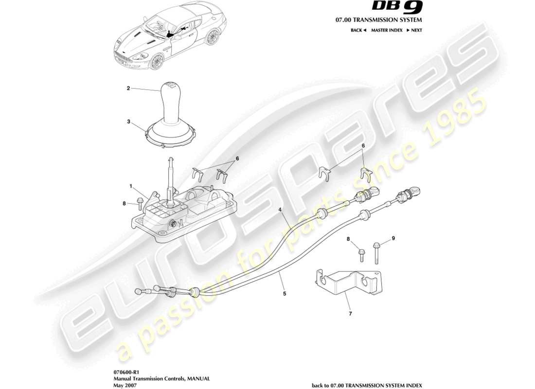 aston martin db9 (2004) gear lever assembly, manual part diagram