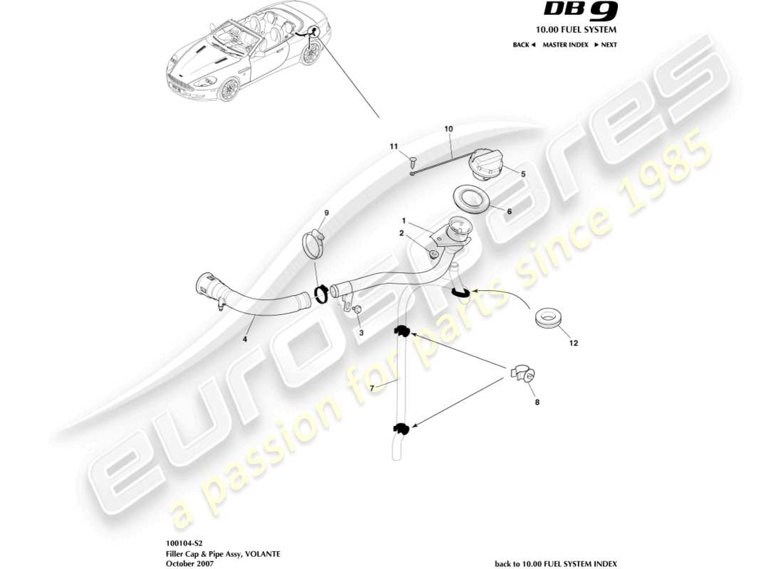 aston martin db9 (2010) fuel filler cap & pipe, volante parts diagram