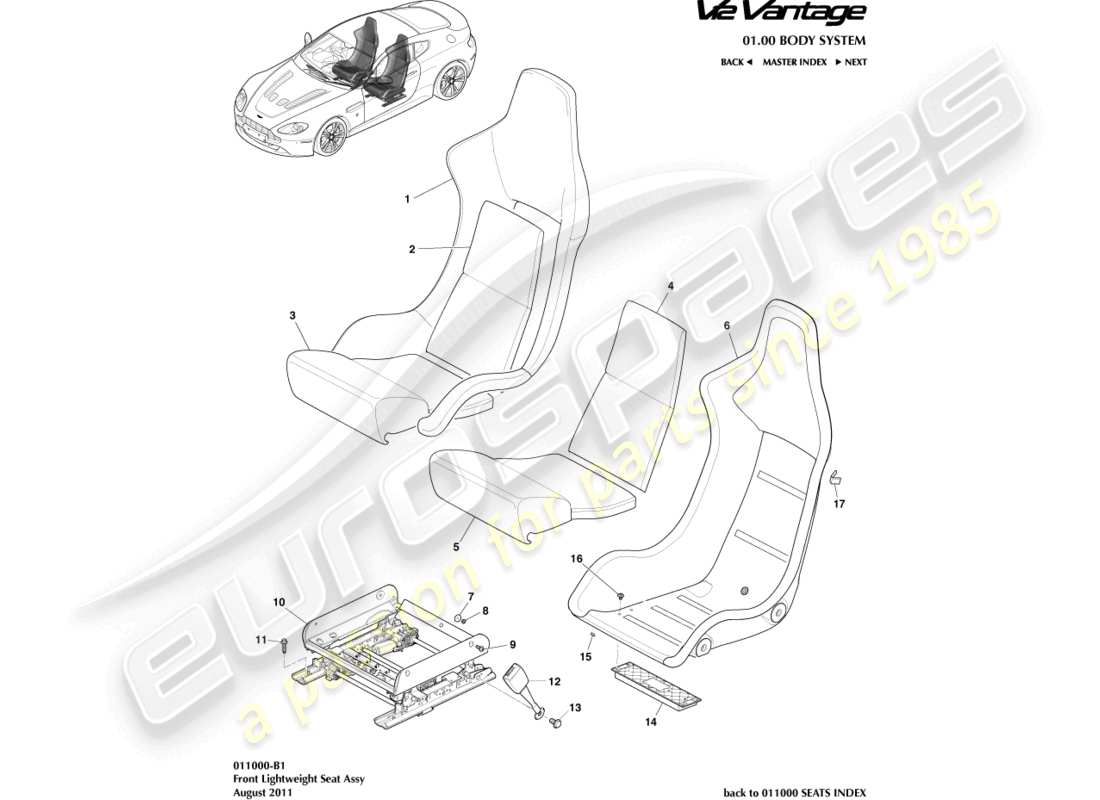 aston martin v12 vantage (2010) front lightweight seat part diagram