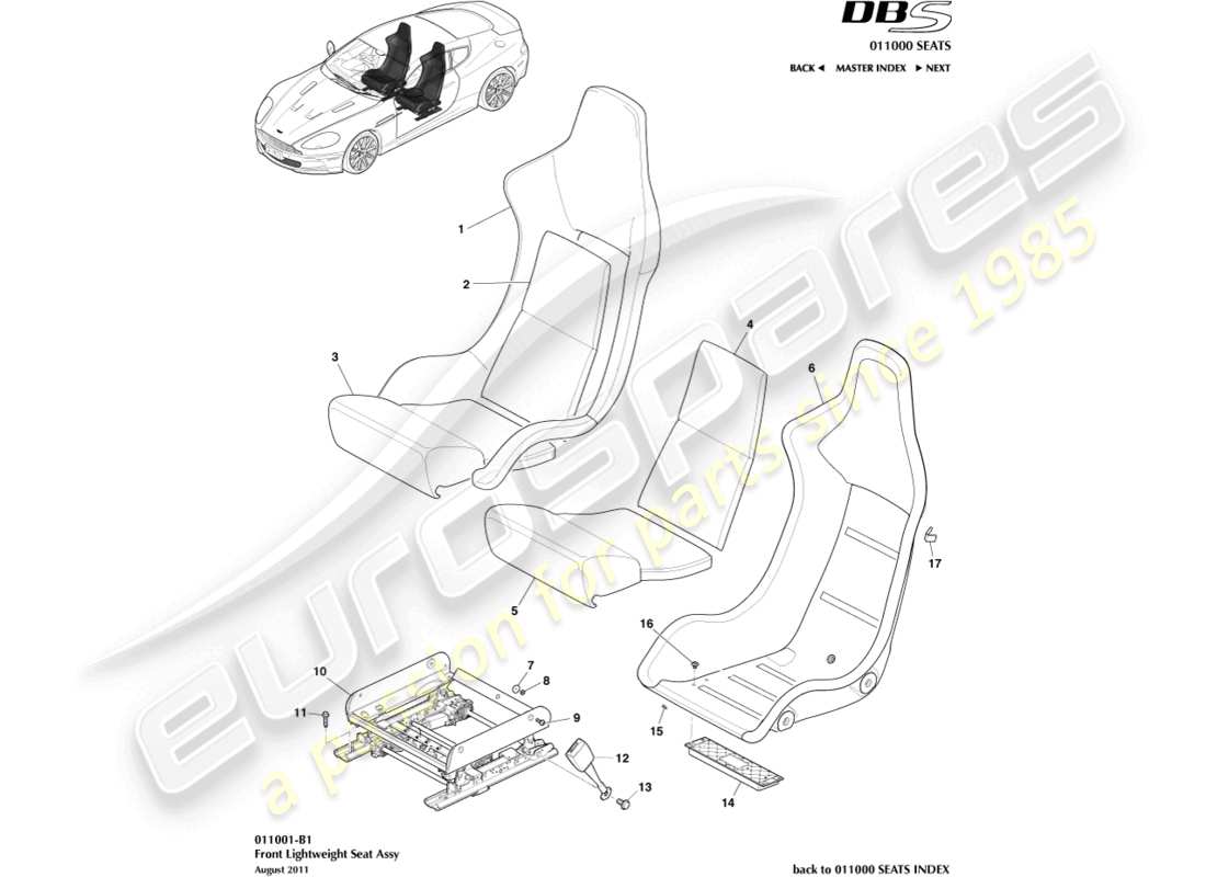 aston martin dbs (2008) front lightweight seat part diagram