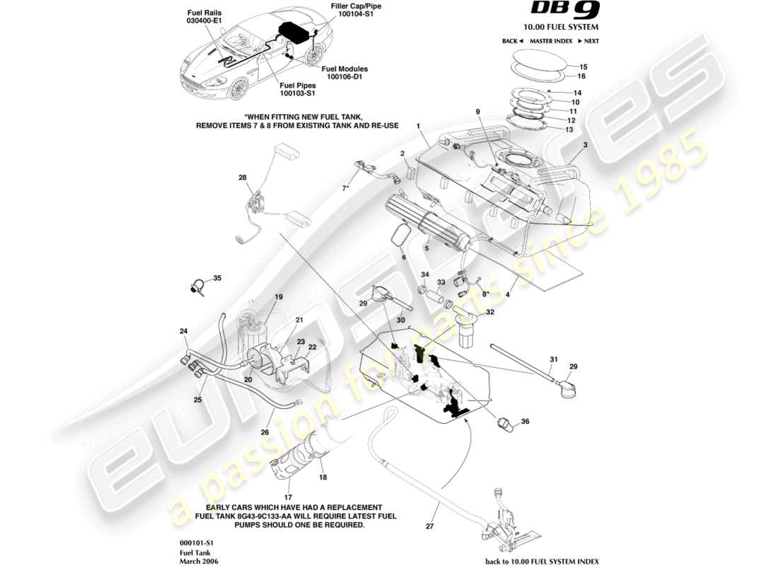 aston martin db9 (2005) fuel tank assy part diagram