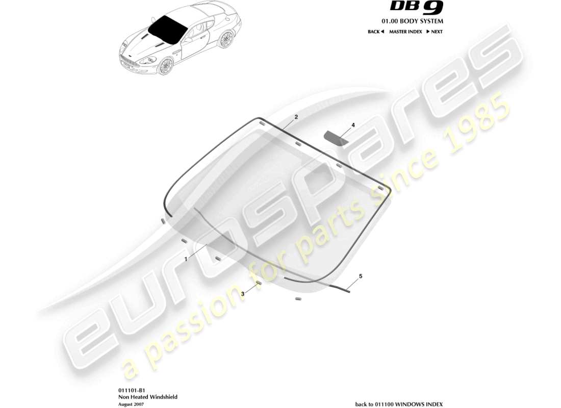 aston martin db9 (2004) windscreen, non heated part diagram