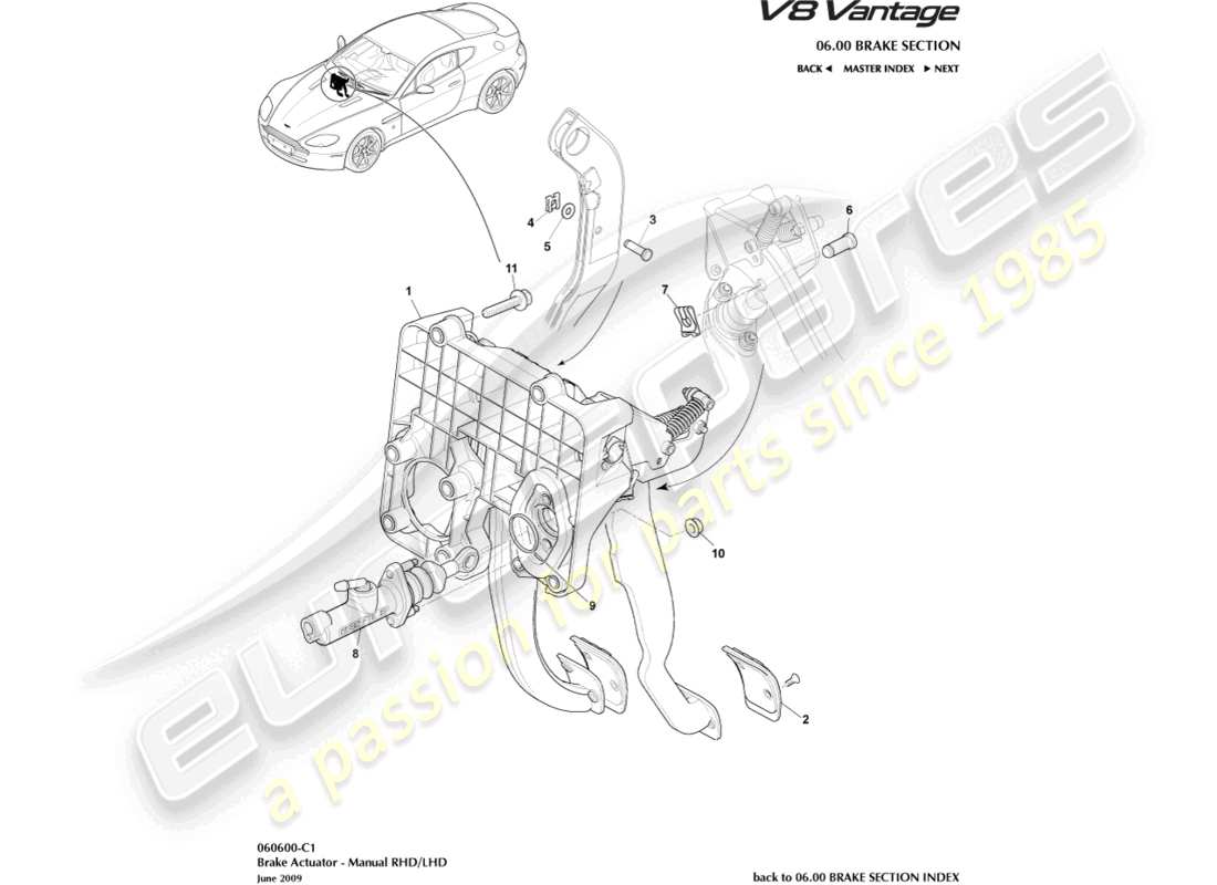 aston martin v8 vantage (2011) brake actuator assembly, manual part diagram