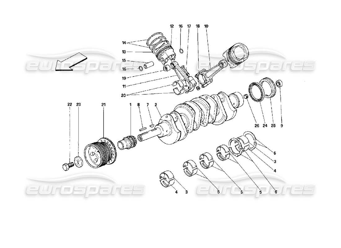 FERRARI MONDIAL 3.4 T COUPE/CABRIO CRANKSHAFT - CONNECTING RODS AND PISTONS PART DIAGRAM ferrari mondial 3.4 t coupe/cabrio crankshaft - connecting rods and pistons part diagram