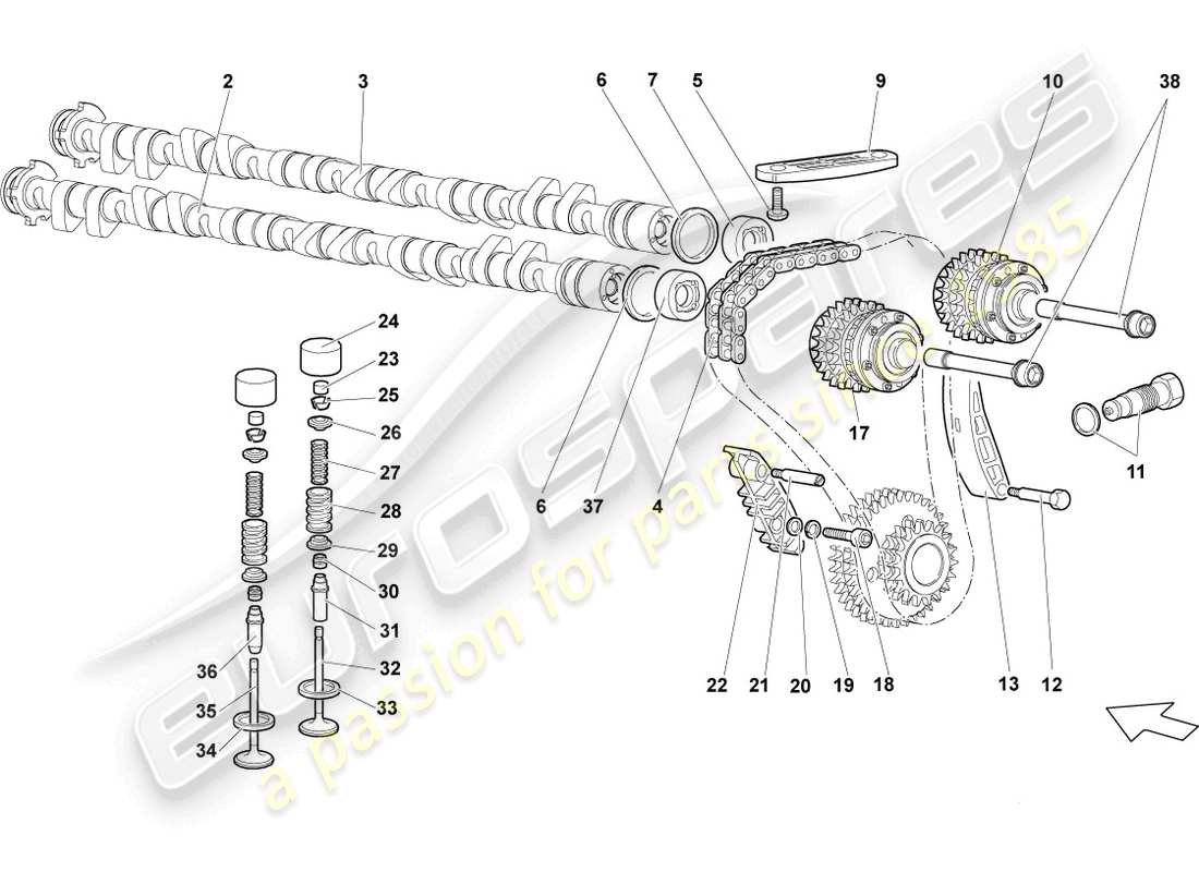 lamborghini reventon camshaft, valves left parts diagram