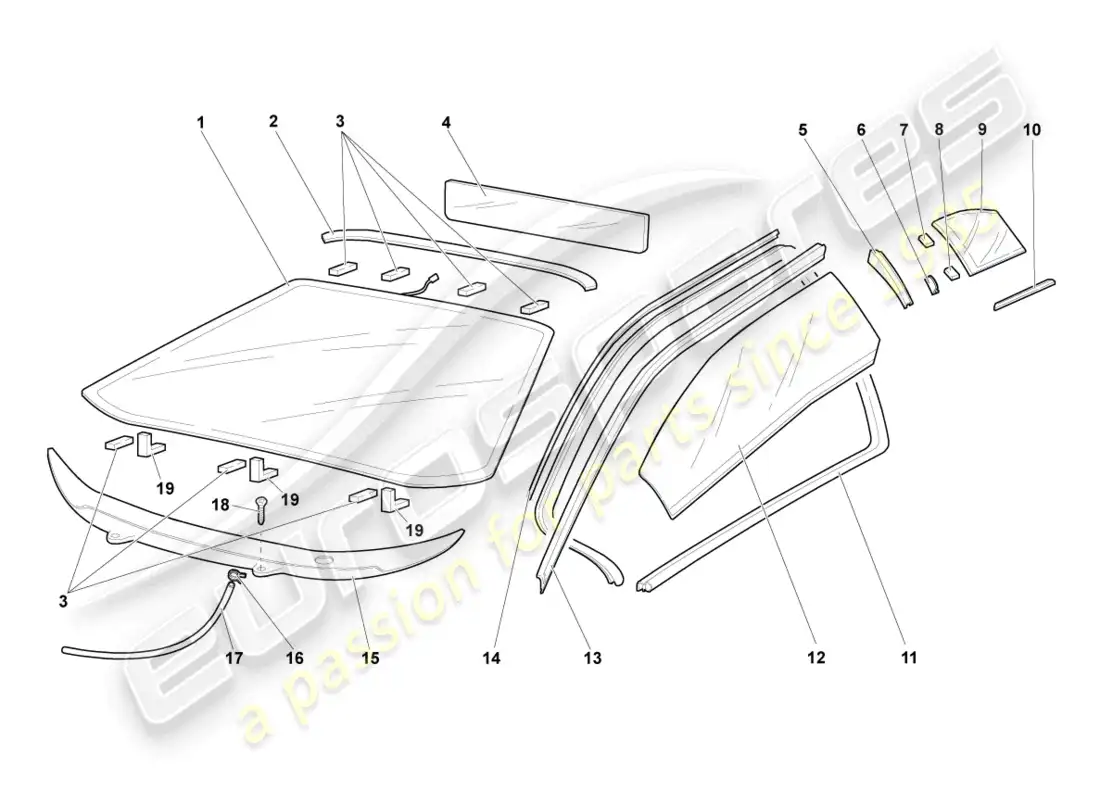 lamborghini murcielago coupe (2005) window glasses parts diagram