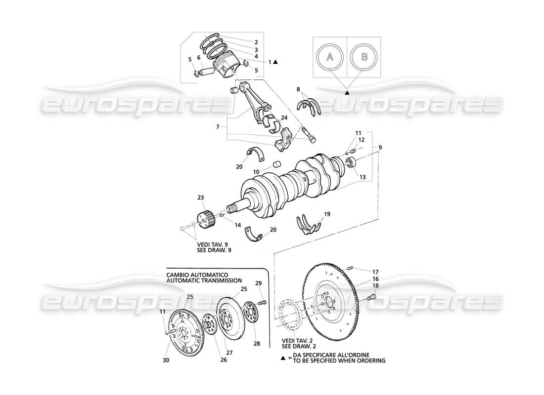 MASERATI QTP V8 EVOLUZIONE CRANKSHAFT, PISTONS, CONRODS & FLYWHEEL PART DIAGRAM maserati qtp v8 evoluzione crankshaft, pistons, conrods & flywheel part diagram