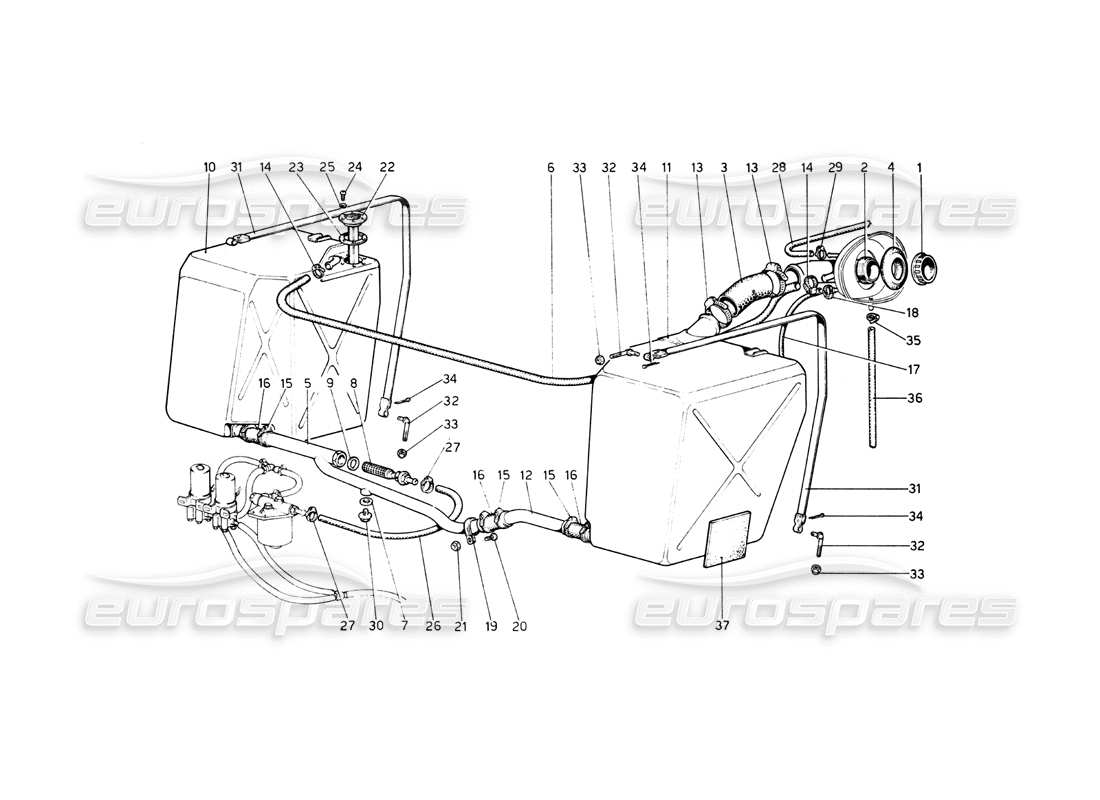 FERRARI 512 BB FUEL TANKS AND PIPES PART DIAGRAM ferrari 512 bb fuel tanks and pipes part diagram