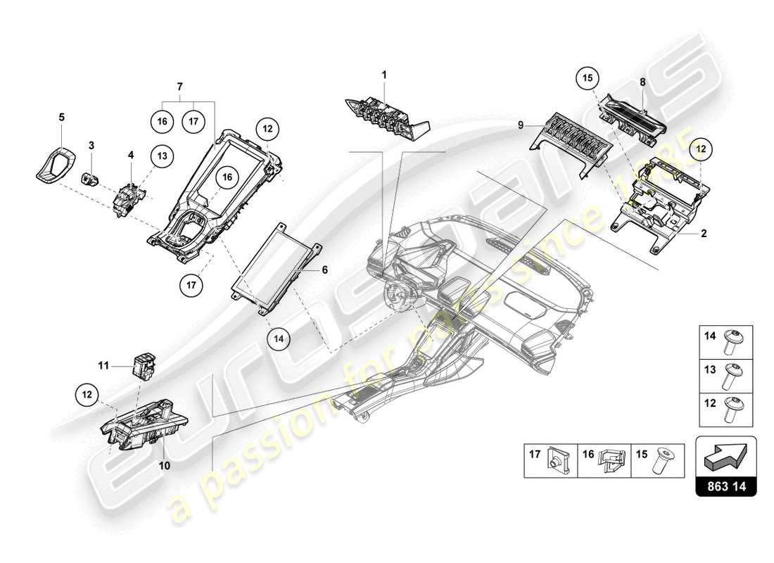 lamborghini tecnica (2023) centre console, upper part part diagram