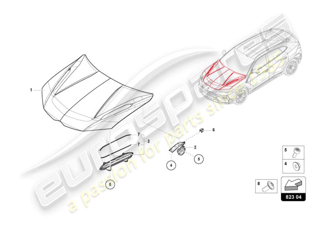 lamborghini urus s (2024) bonnet parts diagram