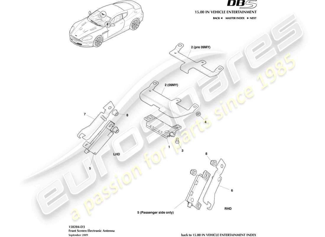 aston martin dbs (2009) electronic antenna, windscreen part diagram