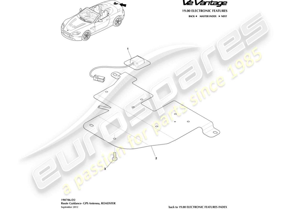 aston martin v12 vantage (2012) gps antenna, roadster part diagram