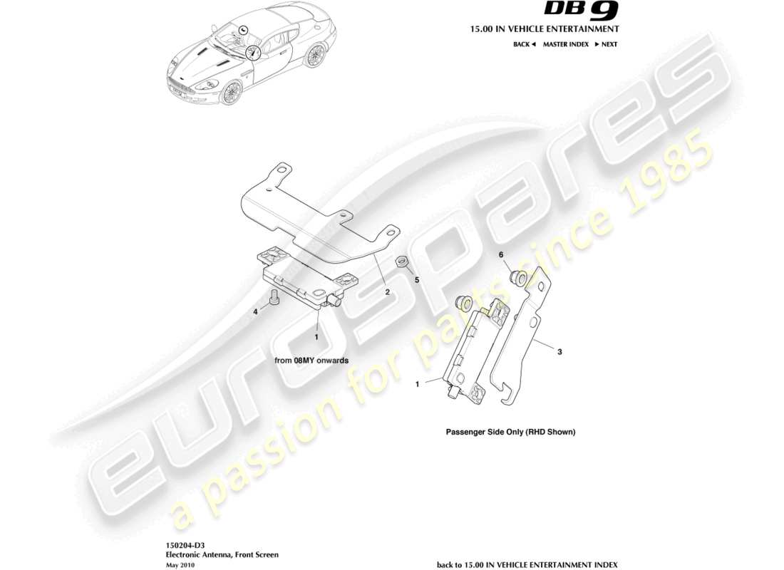 aston martin db9 (2009) electronic antenna, windscreen part diagram