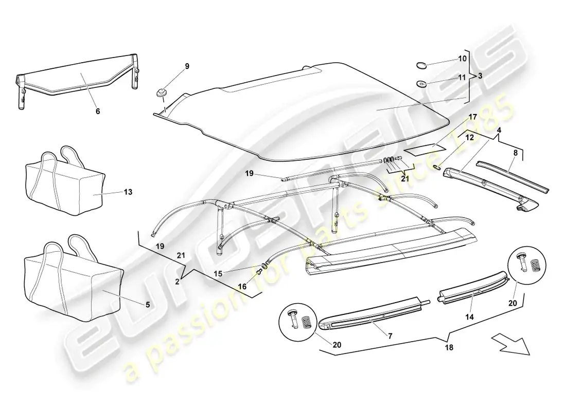 lamborghini murcielago roadster (2005) cover - top parts diagram