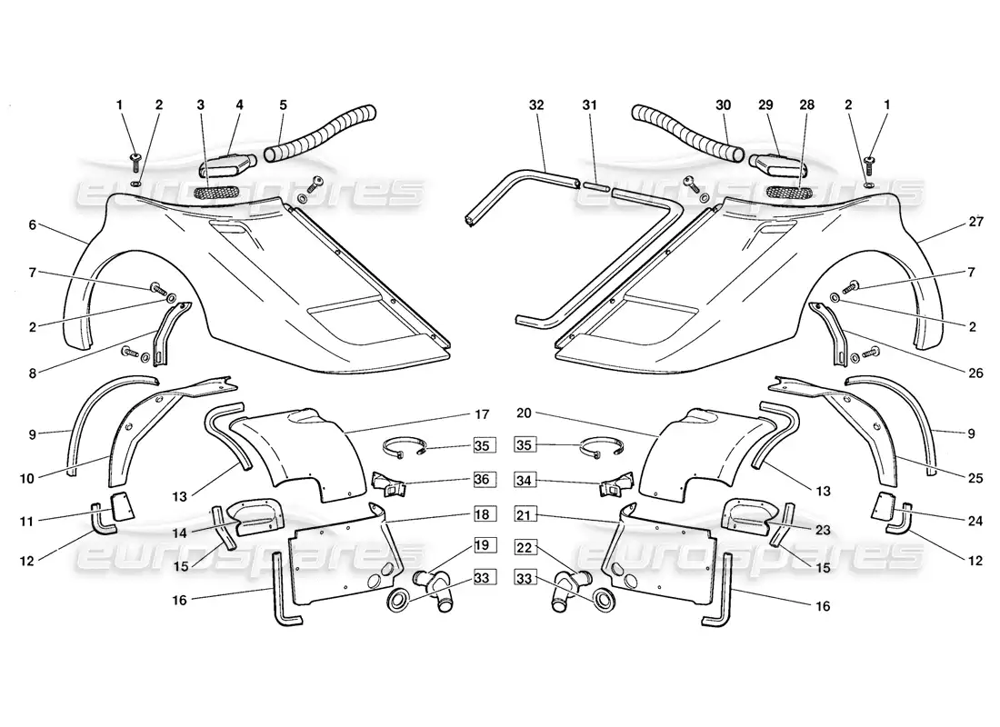 lamborghini diablo (1991) front body elements (valid for october 1991 version) parts diagram