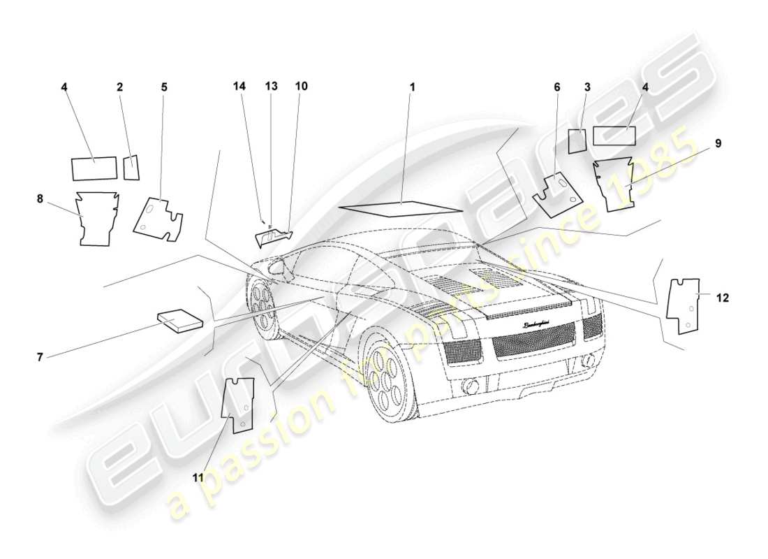 lamborghini gallardo coupe (2004) sound absorbers parts diagram