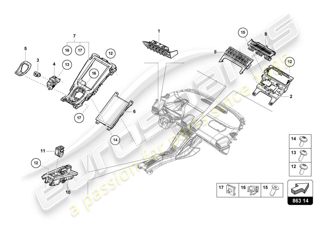 lamborghini evo spyder 2wd (2022) centre console, upper part part diagram