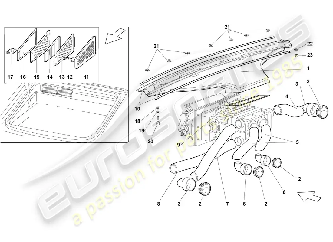 lamborghini murcielago roadster (2005) air and footwell heater ducts, air hoses and vents parts diagram