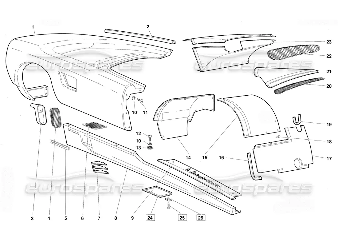 lamborghini diablo (1991) body elements-right flank (valid for june 1992 version) parts diagram