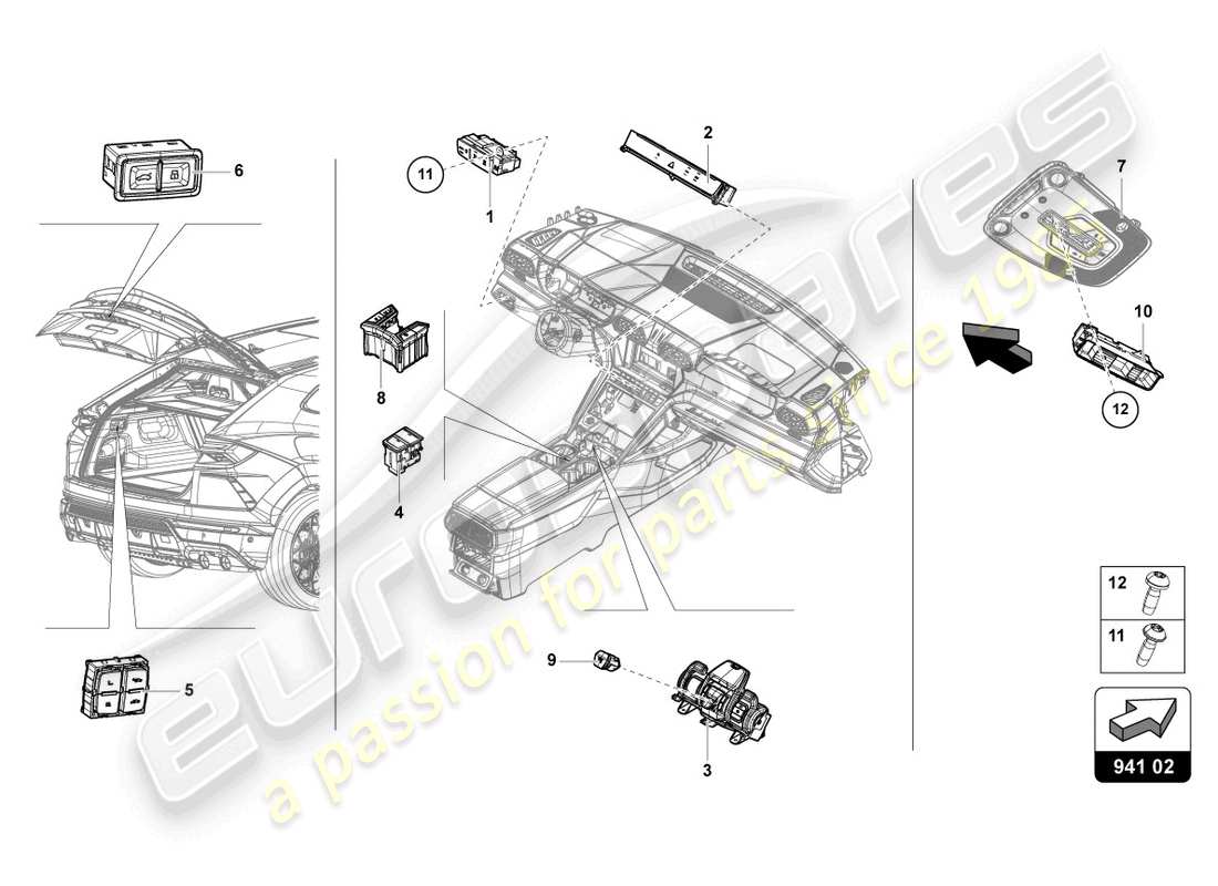 lamborghini urus s (2024) control panel with pushbuttons parts diagram