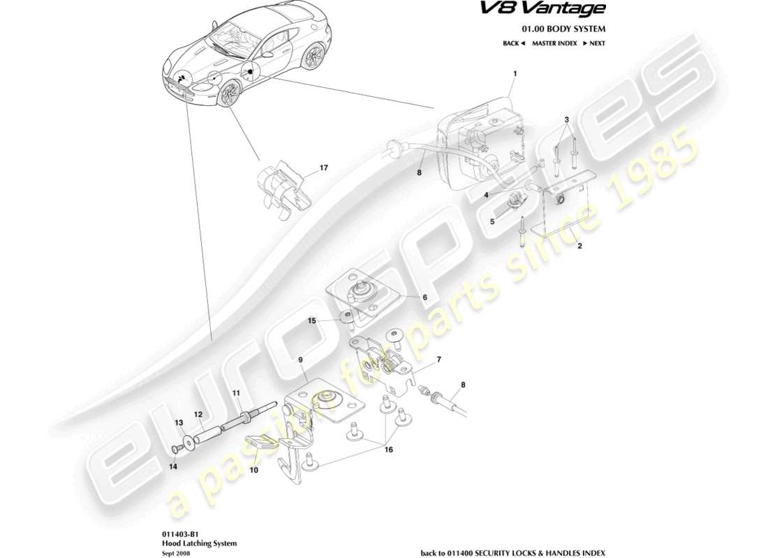 aston martin v8 vantage (2015) hood latch system part diagram