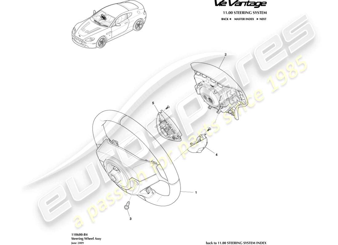 aston martin v12 vantage (2010) steering wheel assembly parts diagram