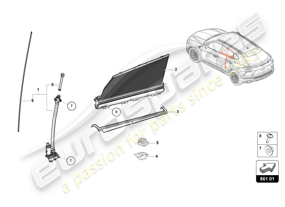 lamborghini urus (2021) roller sunblind parts diagram