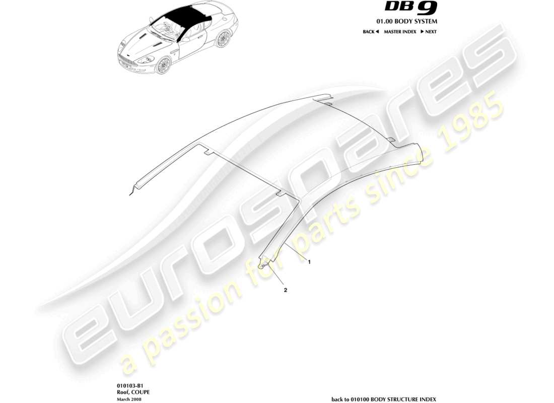 aston martin db9 (2009) roof, coupe part diagram