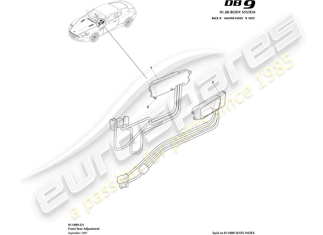 aston martin db9 (2005) front seat adjustment part diagram