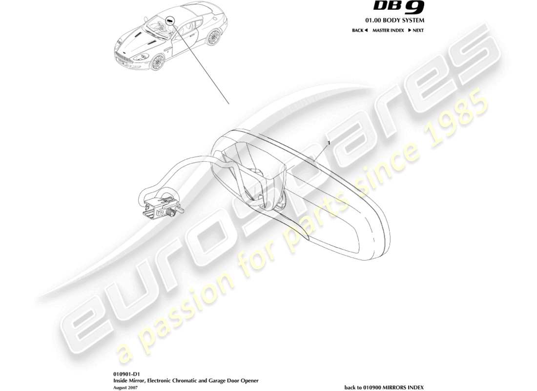 aston martin db9 (2005) interior mirror, chromatic, gdo part diagram