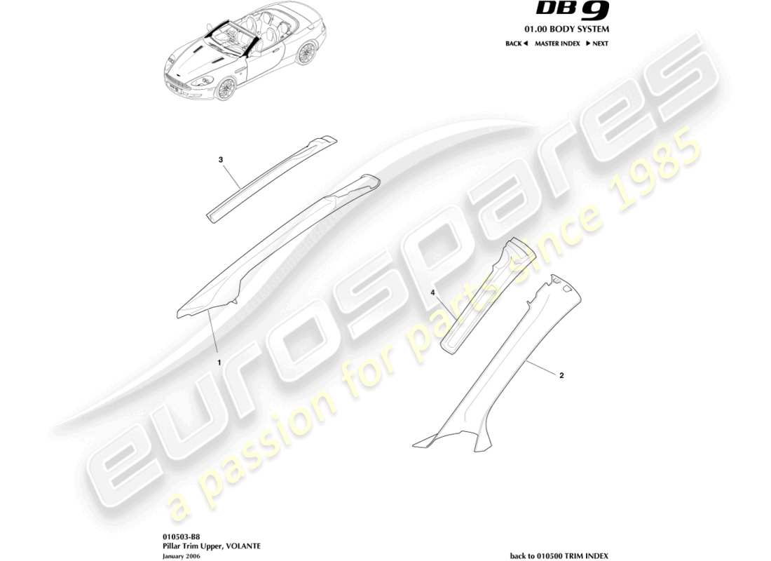 aston martin db9 (2011) pillar trim, upper, volante part diagram