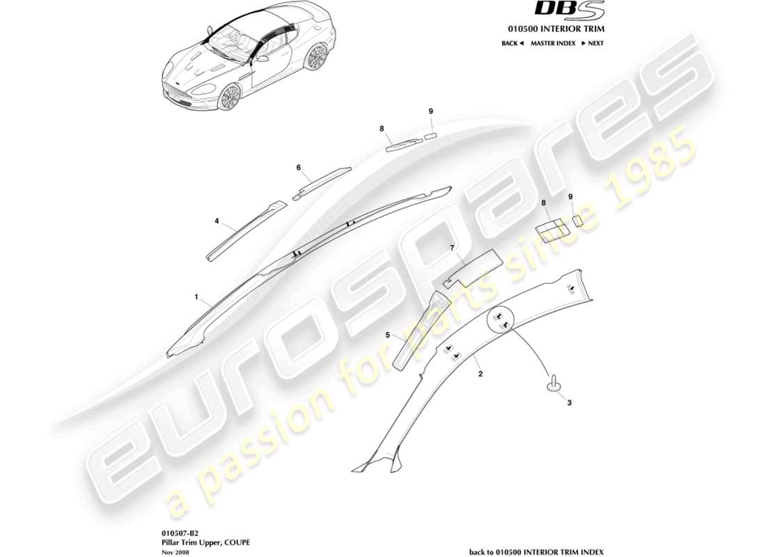 aston martin dbs (2010) pillar trim, upper, coupe part diagram