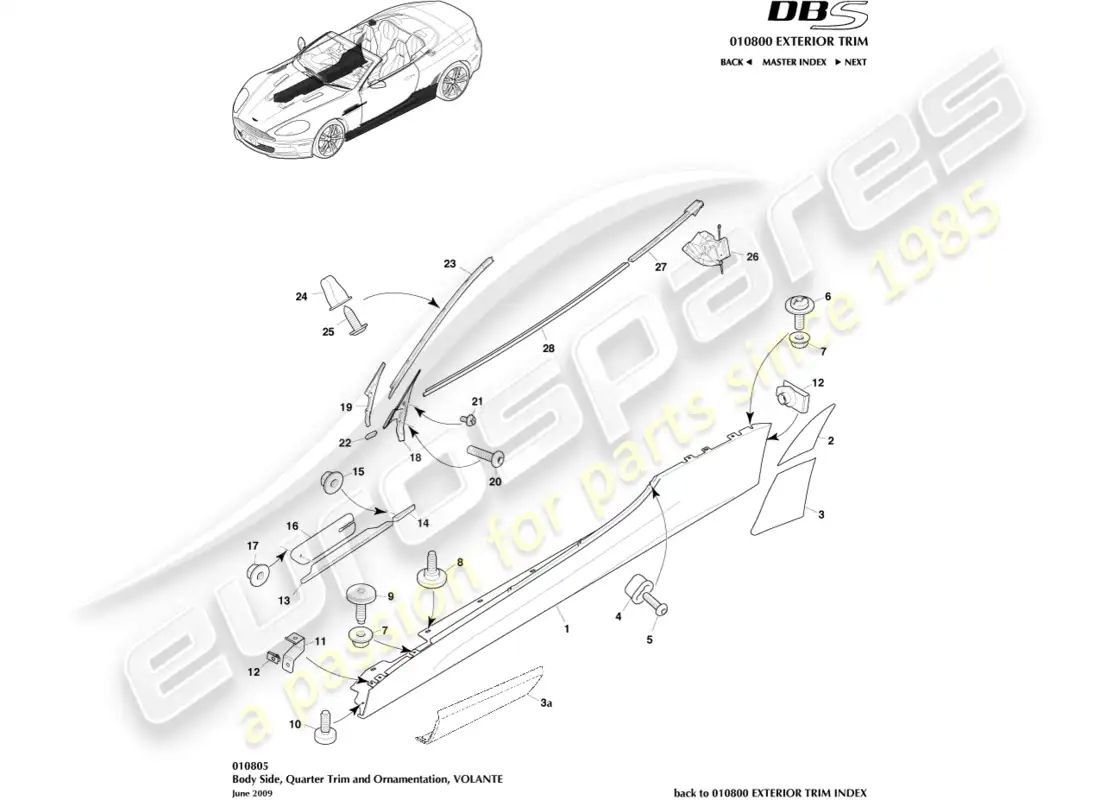 aston martin dbs (2008) bodyside & quarter trim, volante parts diagram