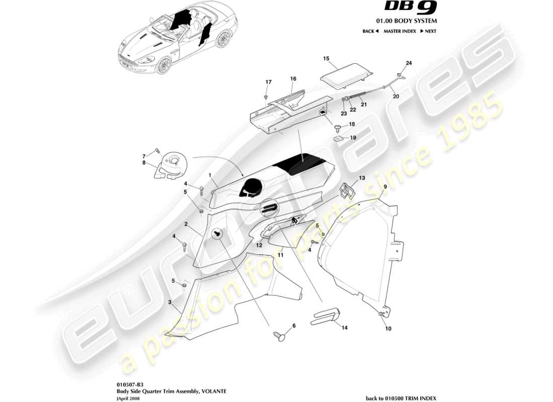 aston martin db9 (2010) body side quarter trim, volante part diagram