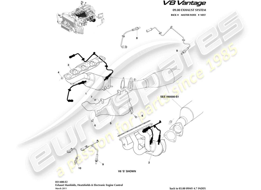 aston martin v8 vantage (2018) exhaust manifolds part diagram