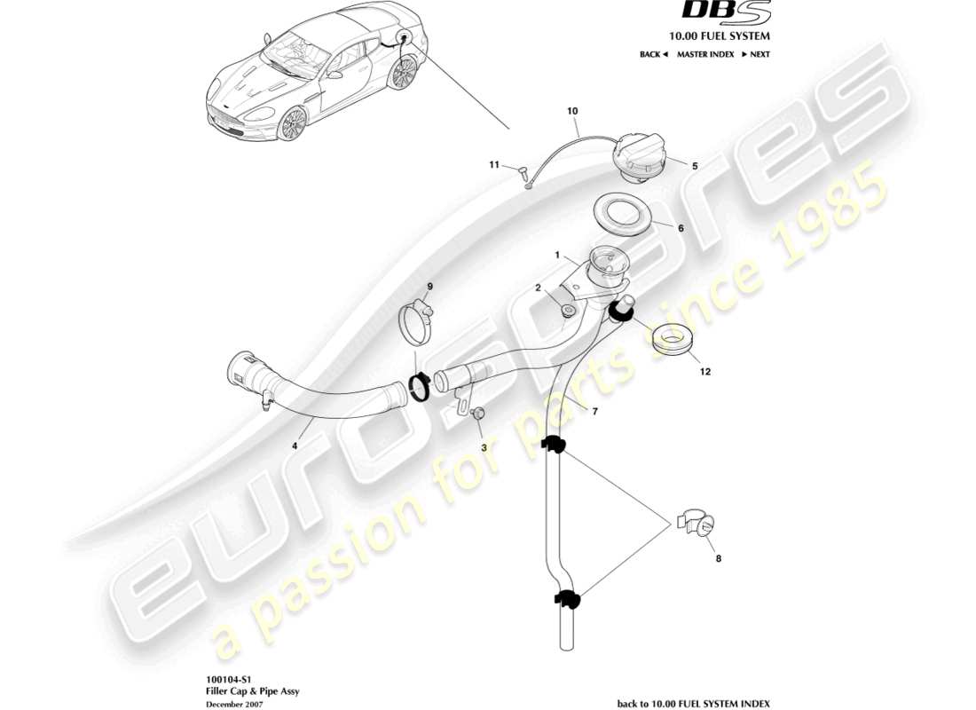 aston martin dbs (2009) fuel filler cap & pipe, coupe part diagram