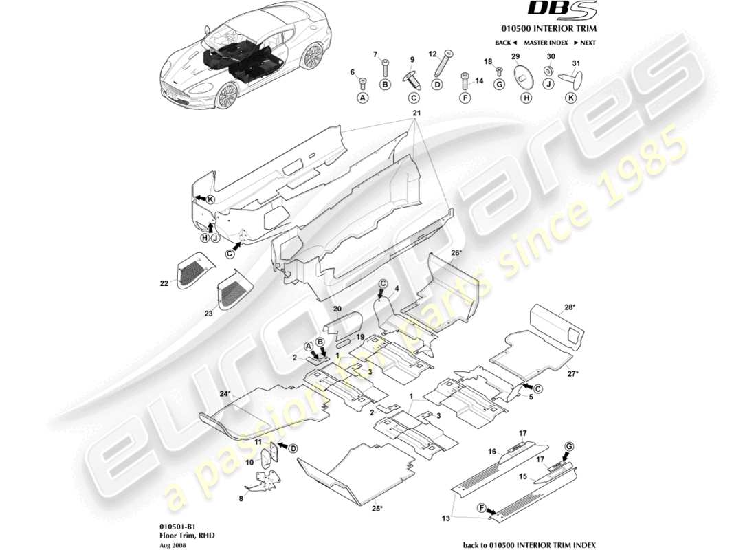 aston martin dbs (2010) floor trim, rhd part diagram