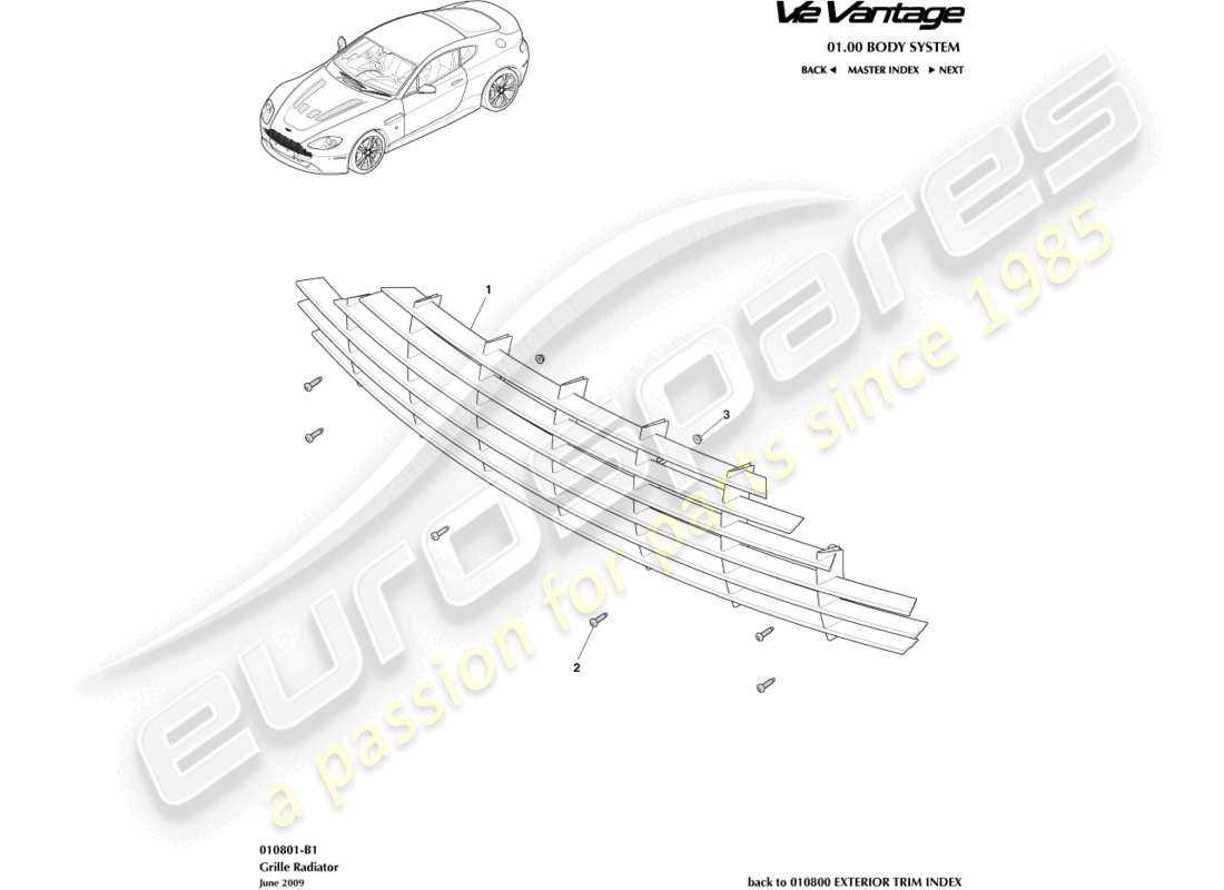 aston martin v12 vantage (2010) radiator grille part diagram