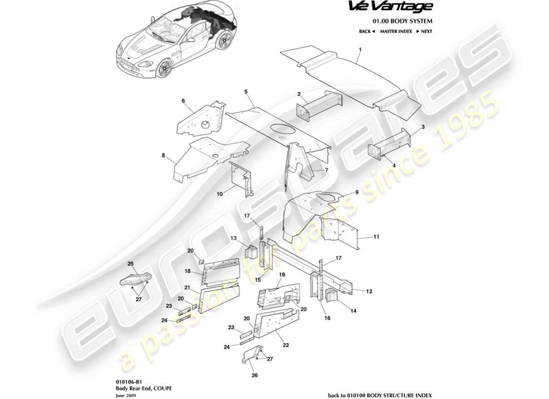 aston martin v12 vantage (2011) body rear end, coupe part diagram