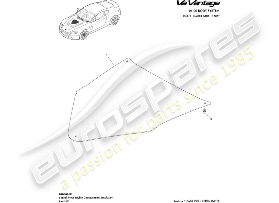 aston martin v12 vantage (2011) sound insulation, engine comp part diagram