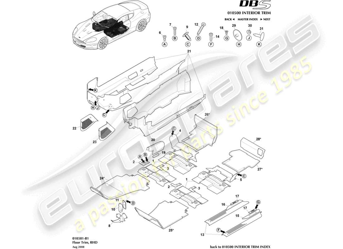 aston martin dbs (2007) floor trim, rhd parts diagram
