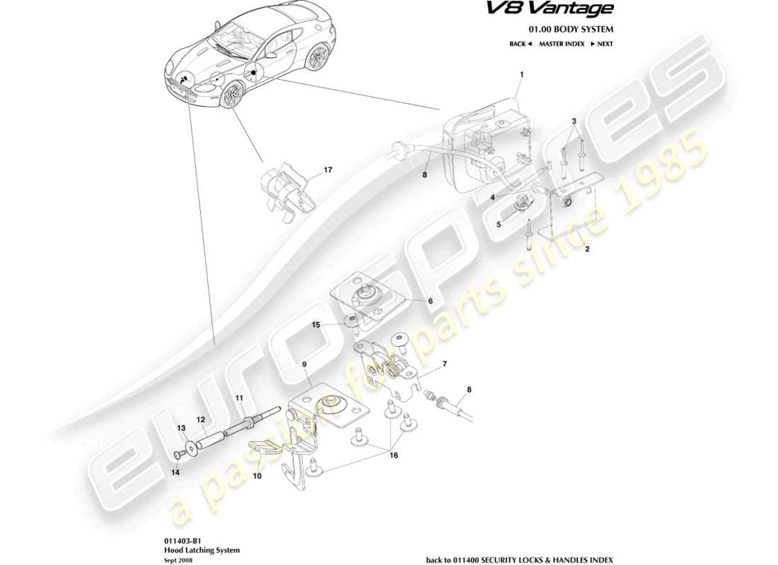 aston martin v8 vantage (2010) hood latch system part diagram