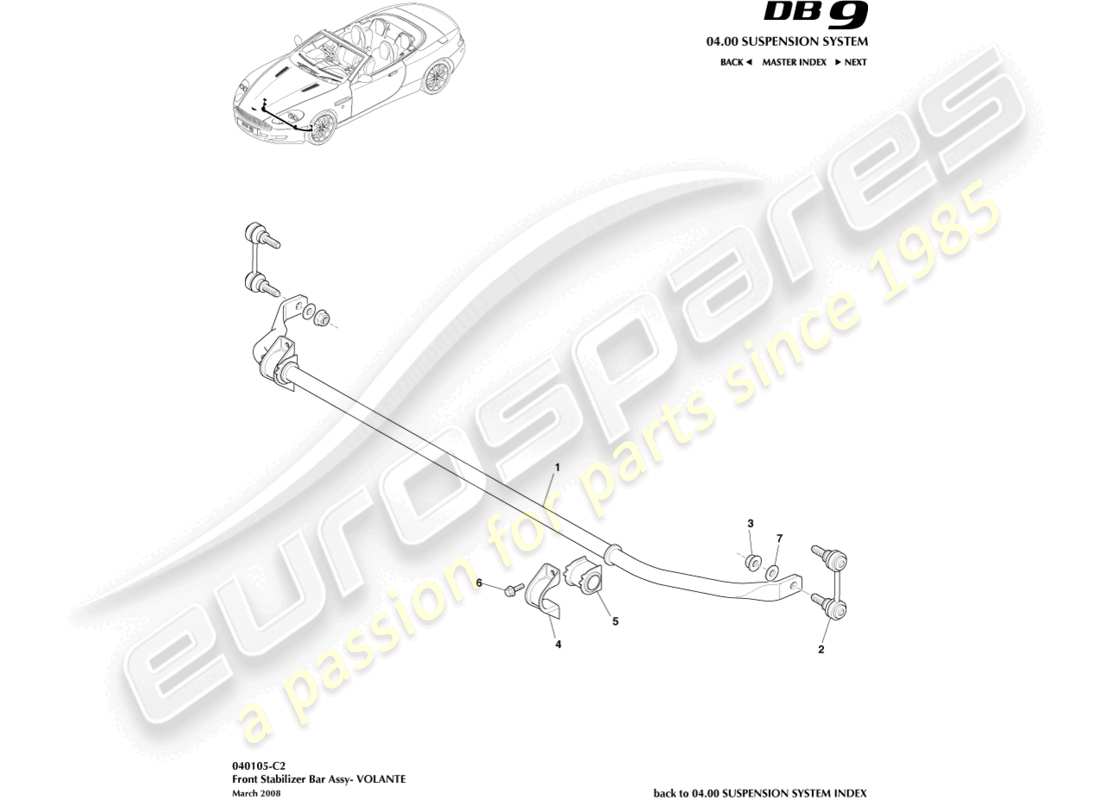 aston martin db9 (2005) front stabiliser bar, volante part diagram