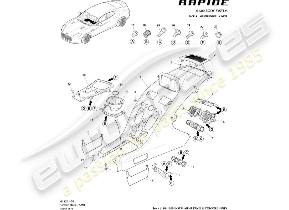 aston martin rapide (2014) centre stack trim panel, amr part diagram